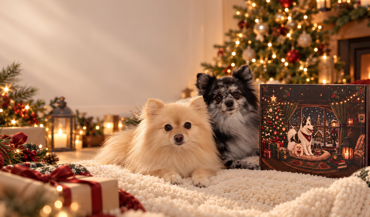 Chiens et calendrier de l’Avent Ticroq dans une ambiance de Noël